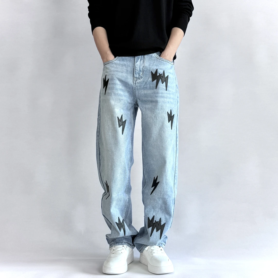 【宽松直筒】无弹力美式潮牌小众设计闪电牛仔裤男款潮流印花复古