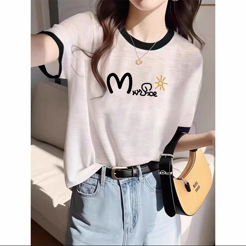 正肩新款雪花棉短袖t恤女士夏季小众洋气百搭上衣宽松显瘦体恤衫