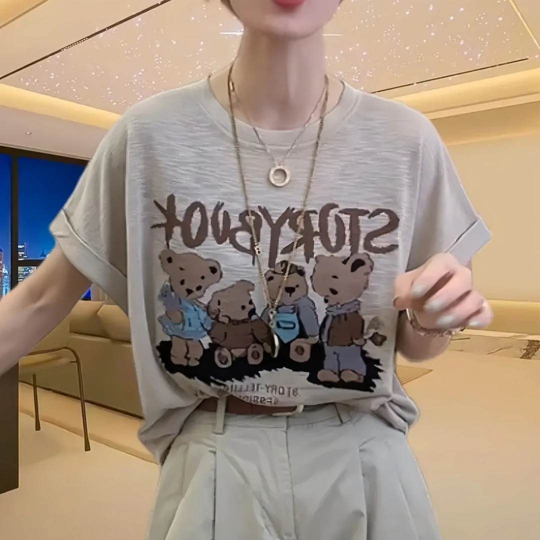 2025夏季休闲时尚百搭减龄显瘦上衣女新款字母卡通印花短袖T恤女