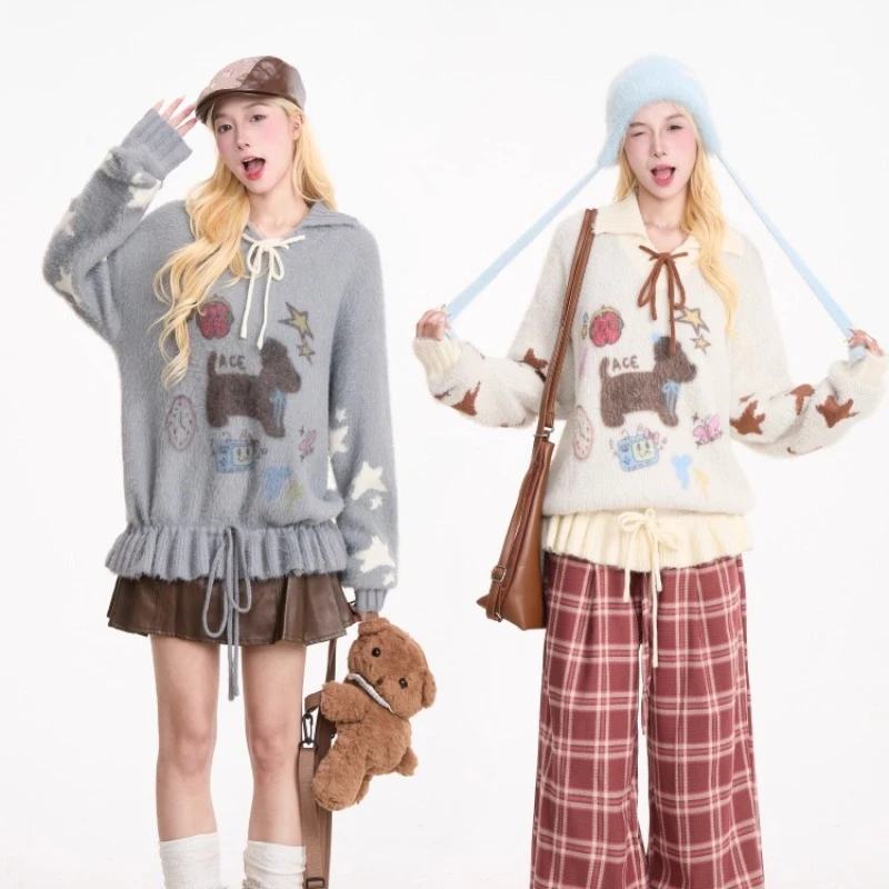 溪溪靓衫卡通小狗提花套头毛衣女减龄慵懒系带宽松POLO领针织上衣