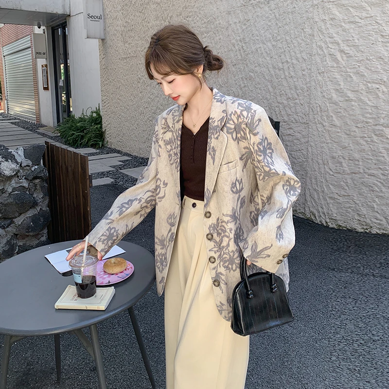 流行爆款水墨印花小西装外套2025春秋新款韩系小众百搭西服春游