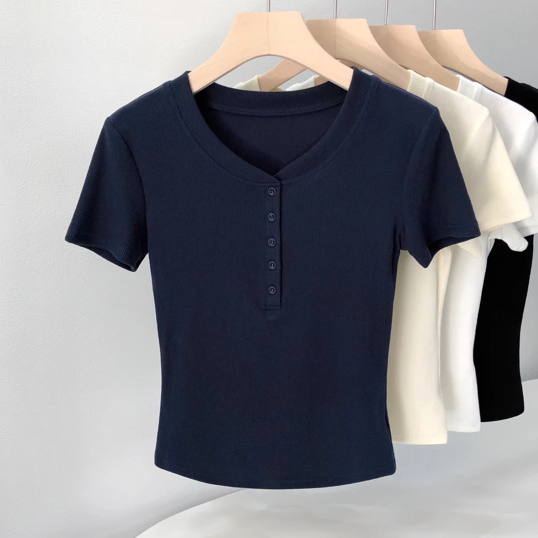 亨利衫短袖T恤女2025夏季新款螺纹圆领正肩纽扣修身短款上衣纯色