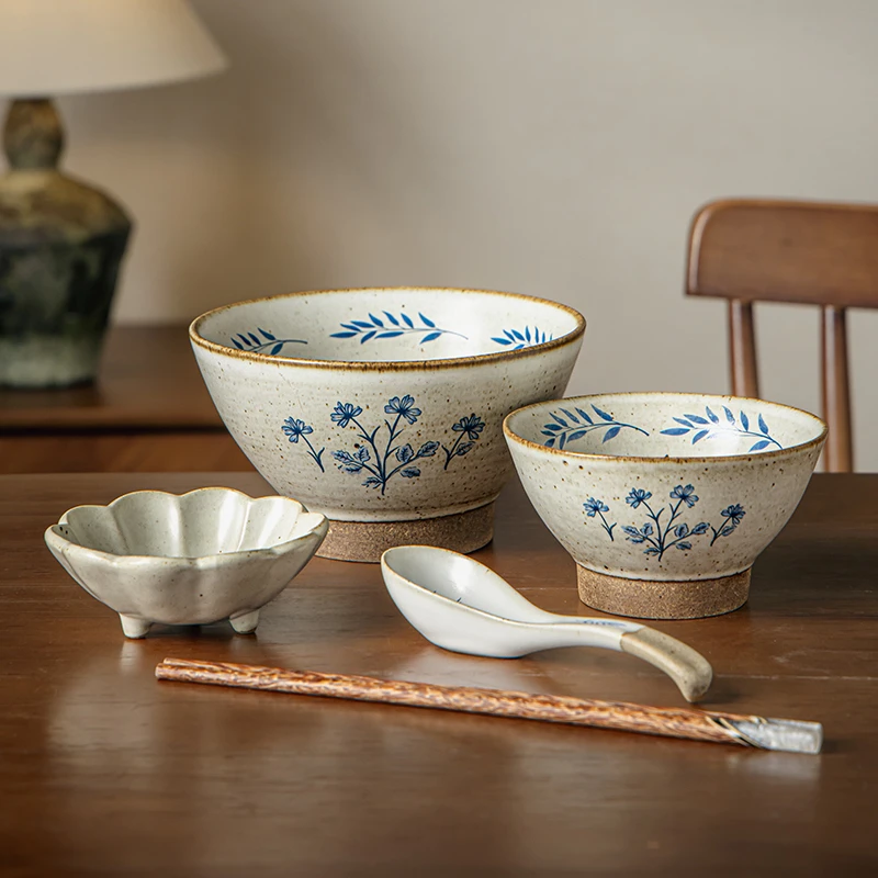 小悠家 小苍兰一人食仪式感餐具套装粗陶高脚碗复古碗筷碟组合