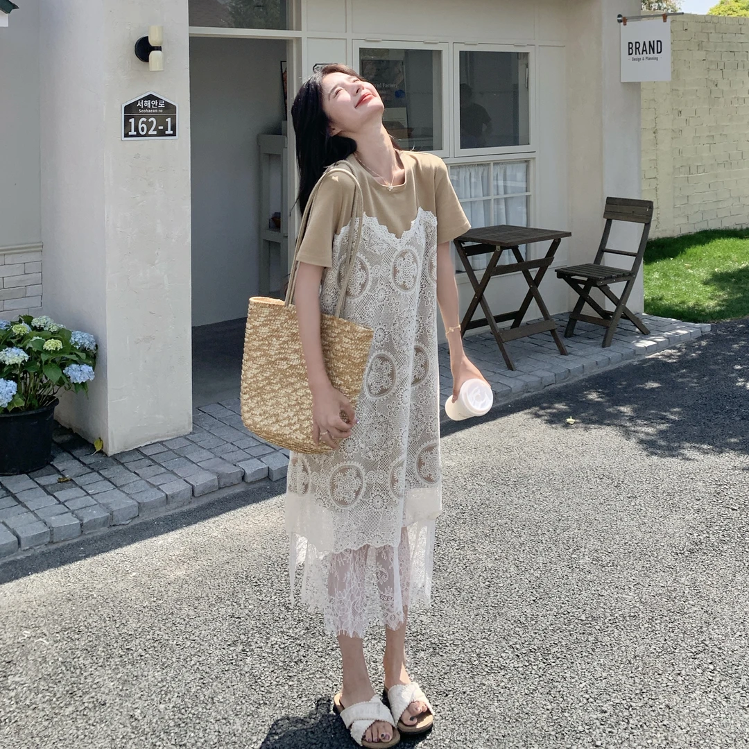 设计感蕾丝拼接短袖连衣裙2025夏季新款假两件圆领气质显瘦长裙子