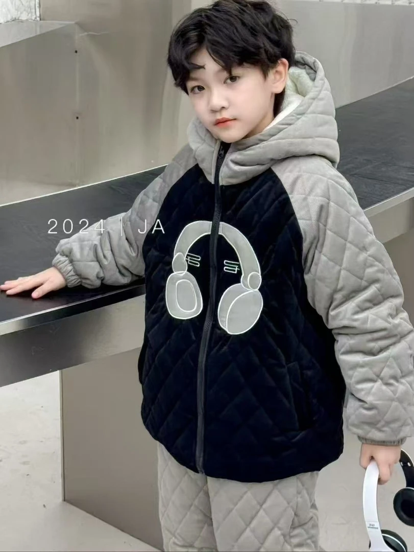 儿童三层加厚耳机连帽睡衣男童冬款高品质男孩家居服可外穿