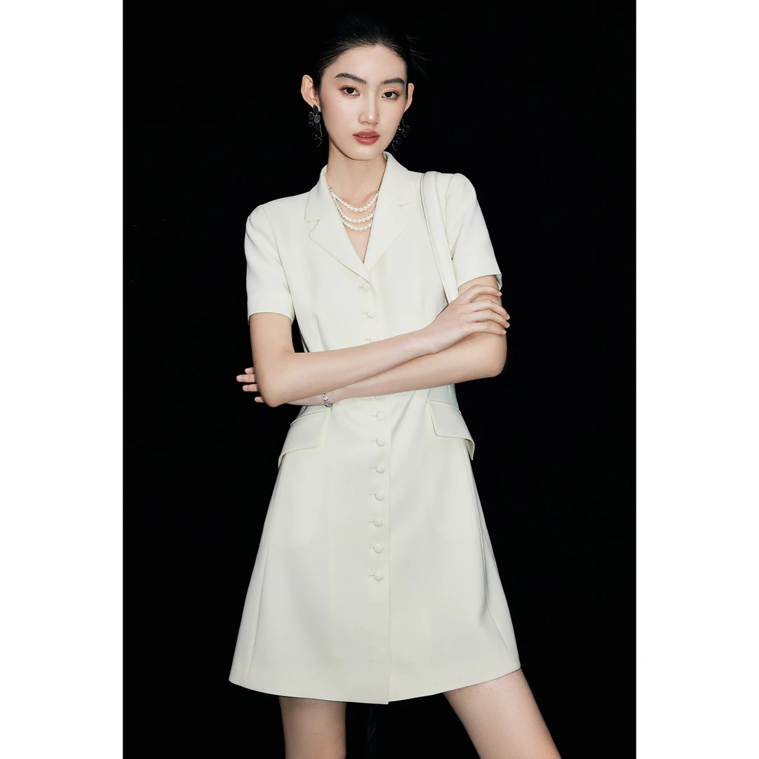【诗语专属】MandyZhang法式醋酸西装领短袖连衣裙女夏A字裙子