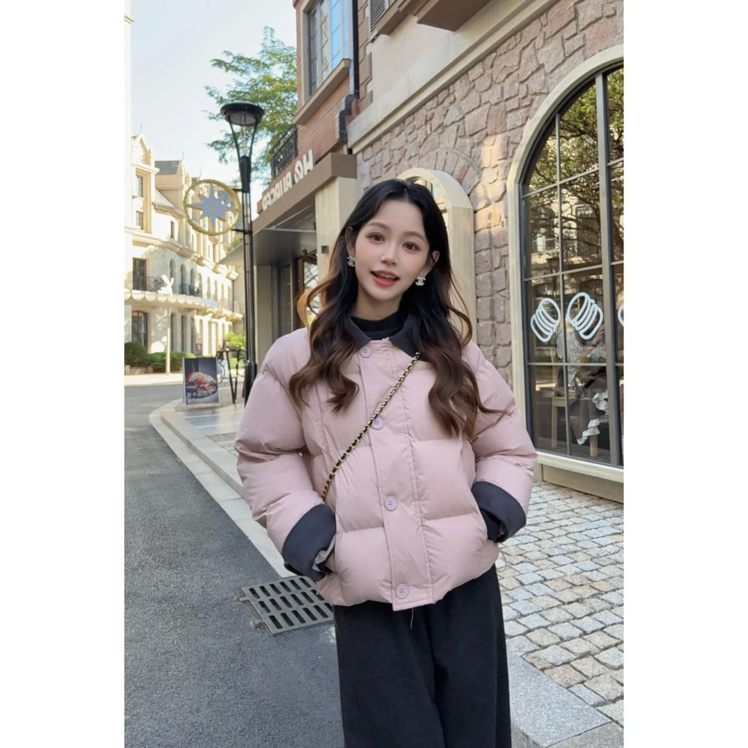 小个子穿搭撞色拼接2025年冬季休闲百搭纯色韩版保暖时尚长袖棉服