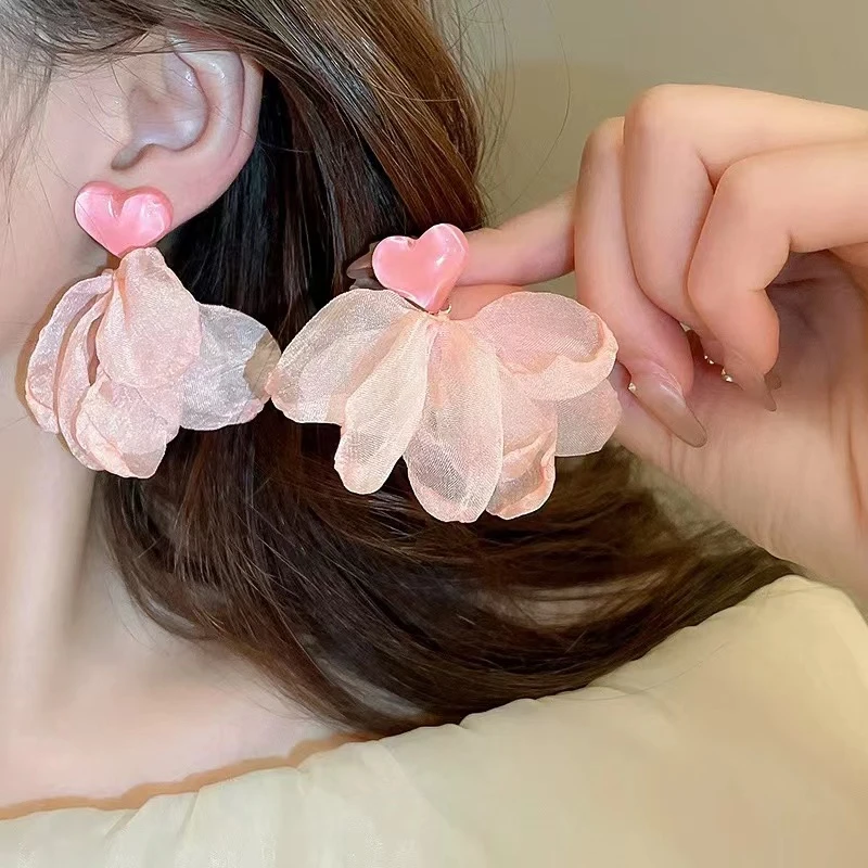 非金属布艺耳饰 多巴胺超仙雪纺花朵爆款高级感耳钉气质百搭时尚