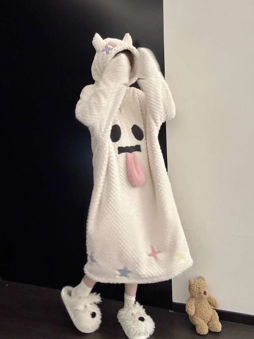 少女搞怪趣味幽灵珊瑚绒连帽睡衣女冬季新款加厚加绒睡袍家居服