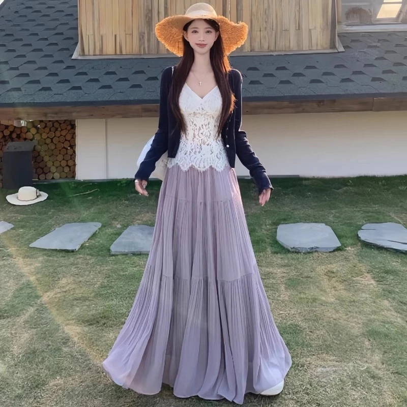 紫色仙女半身裙女春夏2025新款高腰显瘦a字伞裙中长款压褶大摆裙