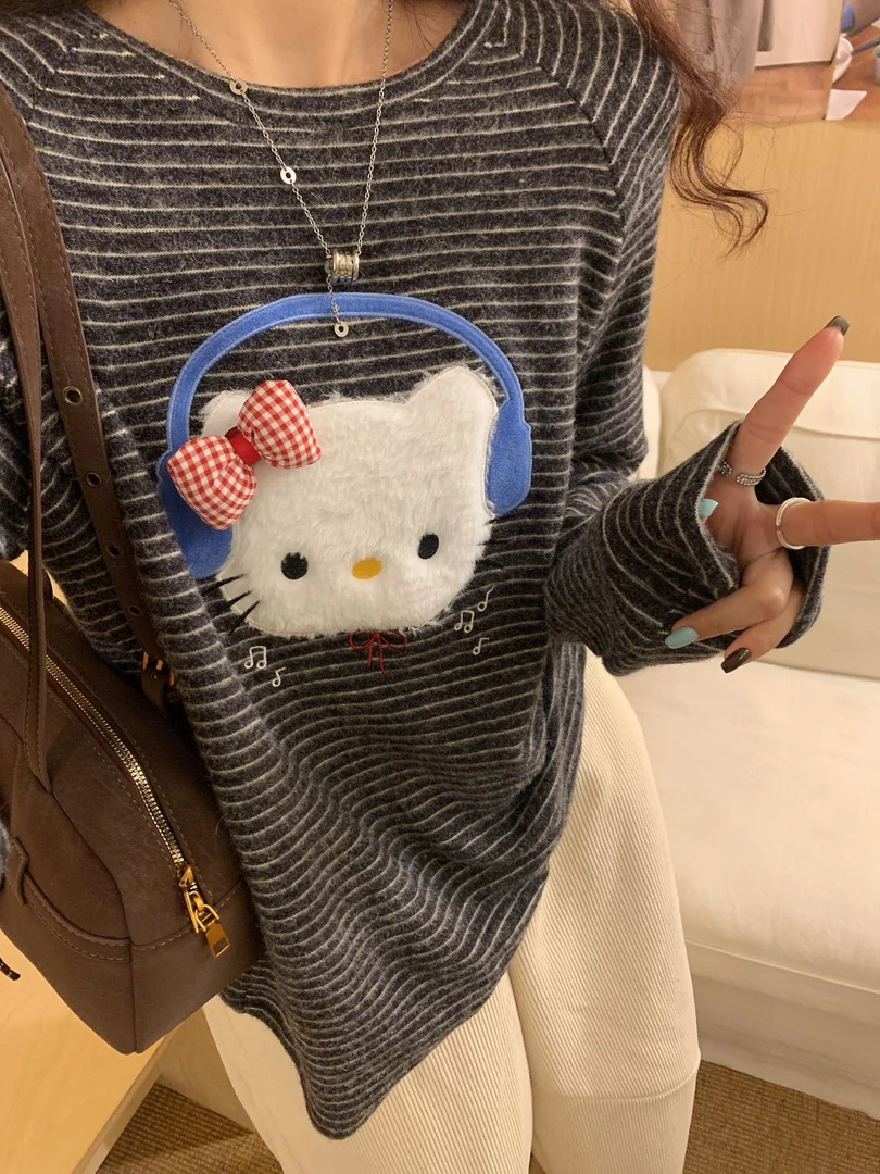 韩系（2025）新款Kitty耳机猫条纹打底针织杉
