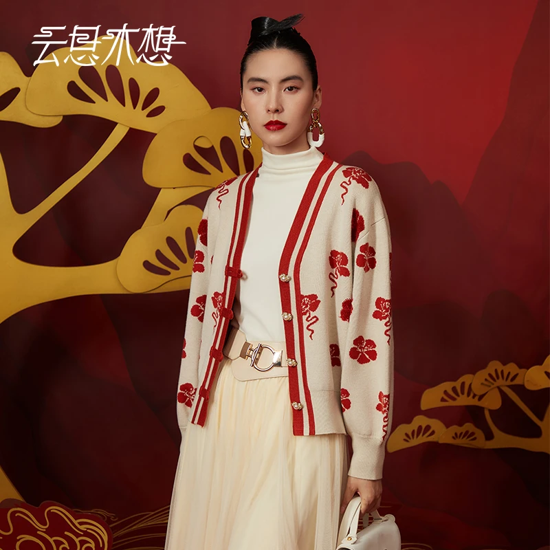 Ysimo-X云思木想 桃之夭夭 提花花朵盘扣含羊毛优雅毛针织衫12737