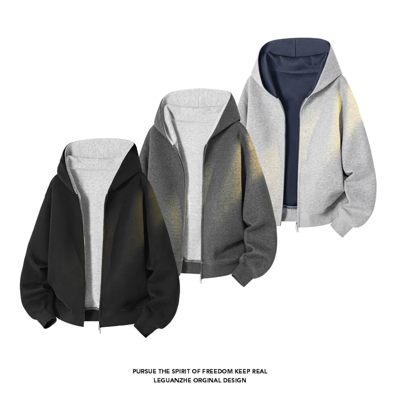 撞色开衫连帽卫衣男春秋430G重磅拼接宽松百搭运动情侣款休闲外套