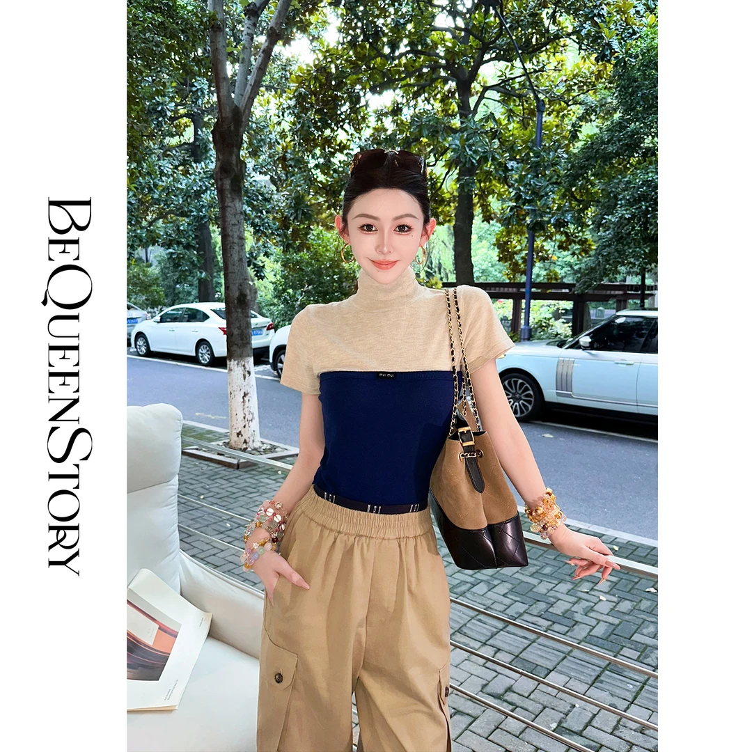 余潇潇【都市菲林】含绵羊毛混纺纱线撞色拼接高领修身短袖T恤