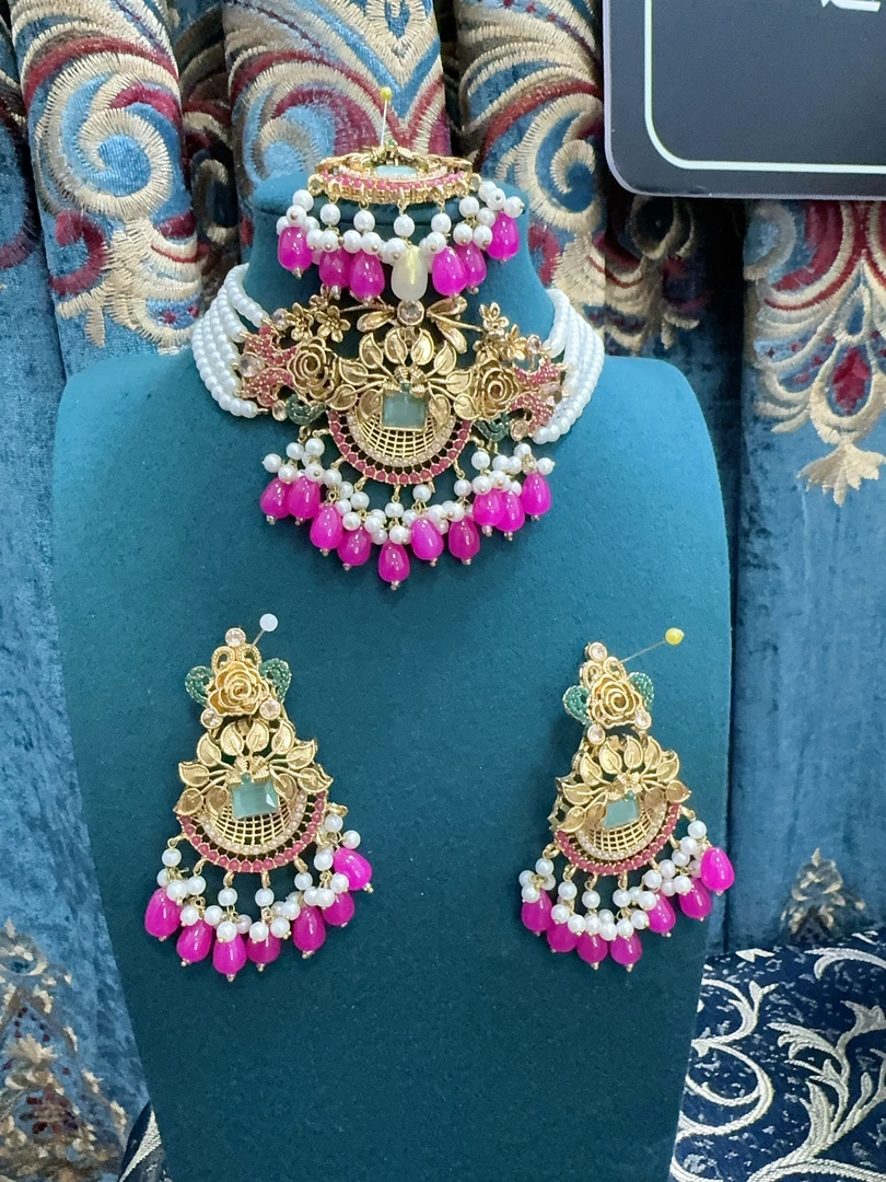 铜合金仿珍珠项链 古风手工首饰choker项链饰品三件套民族风拼色