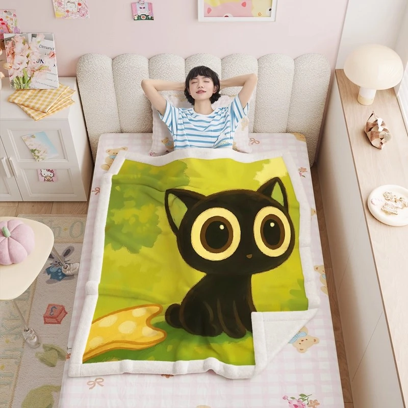 网红同款罗小黑北极绒儿童双层小毯子学生宿舍午睡毯办公室空调毯