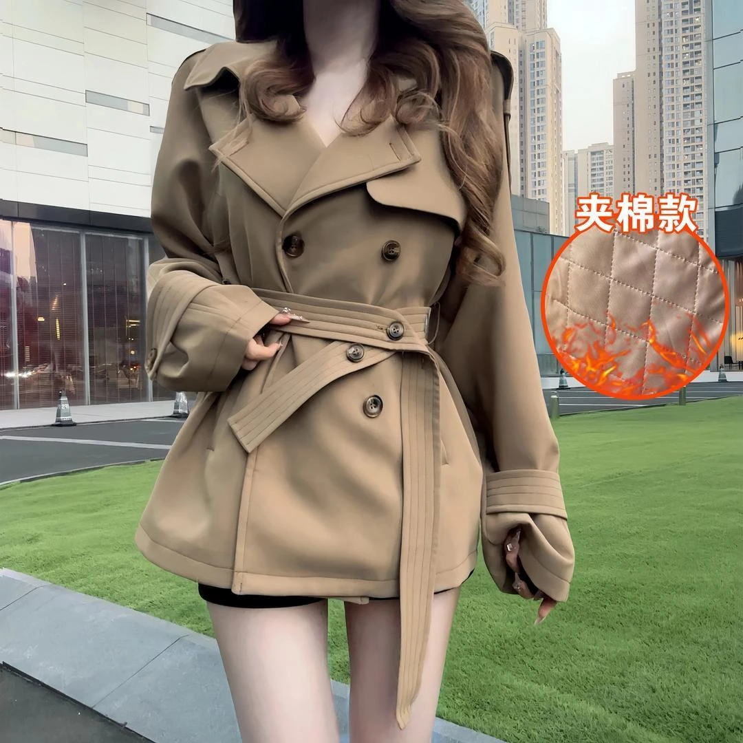 女款iqcq气球熊卡其色短款风衣棉款女秋冬设计感辣妹收腰显瘦大衣