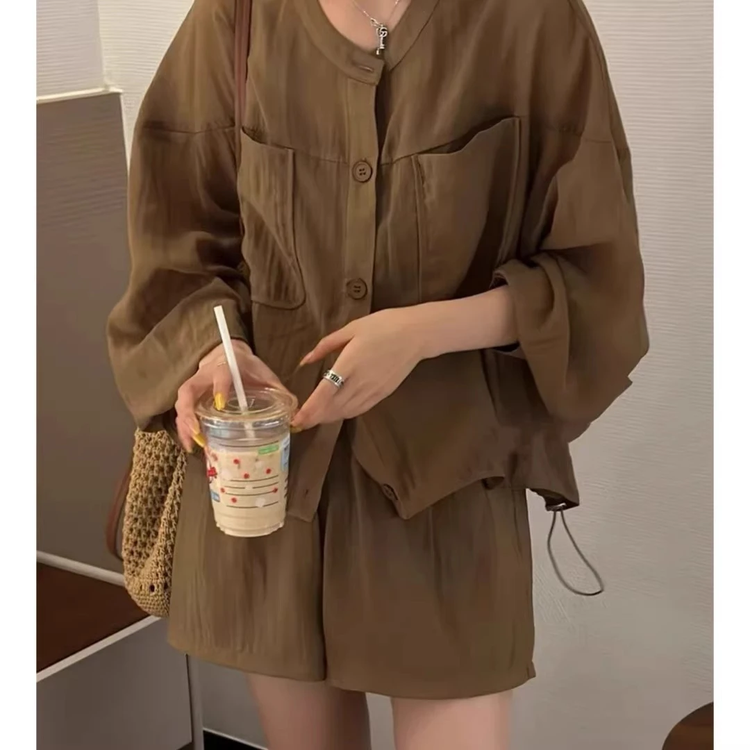 【运费补贴】夏季新款圆领时尚套装休闲宽松百搭落肩袖纯色两件套女