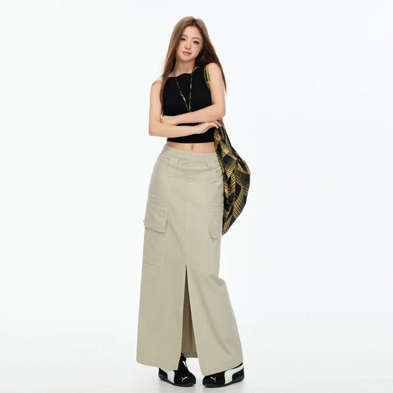 2025秋季新款水晶灰秋季休闲复古显瘦高腰开衩直筒半身牛仔长裙女