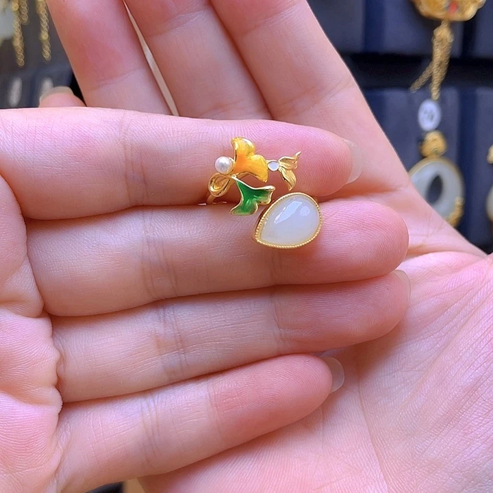 银S925镀金镶嵌戒指和田玉