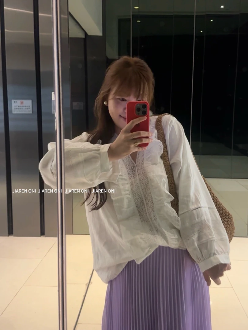 佳人欧尼【夏日浪漫】亚麻花边蕾丝衬衫长袖