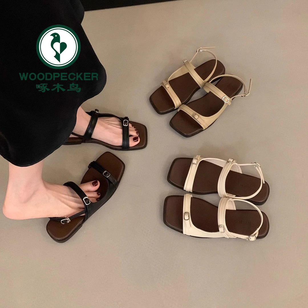 啄木鸟法式平底一字带凉鞋女夏外穿百搭2025新款海边沙滩罗马鞋子