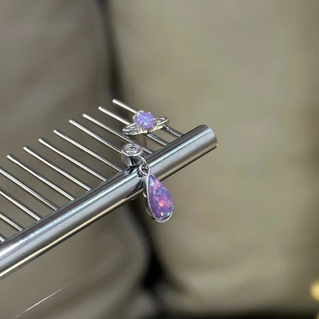 钛钢耳饰 紫色水滴土星耳钉-4575