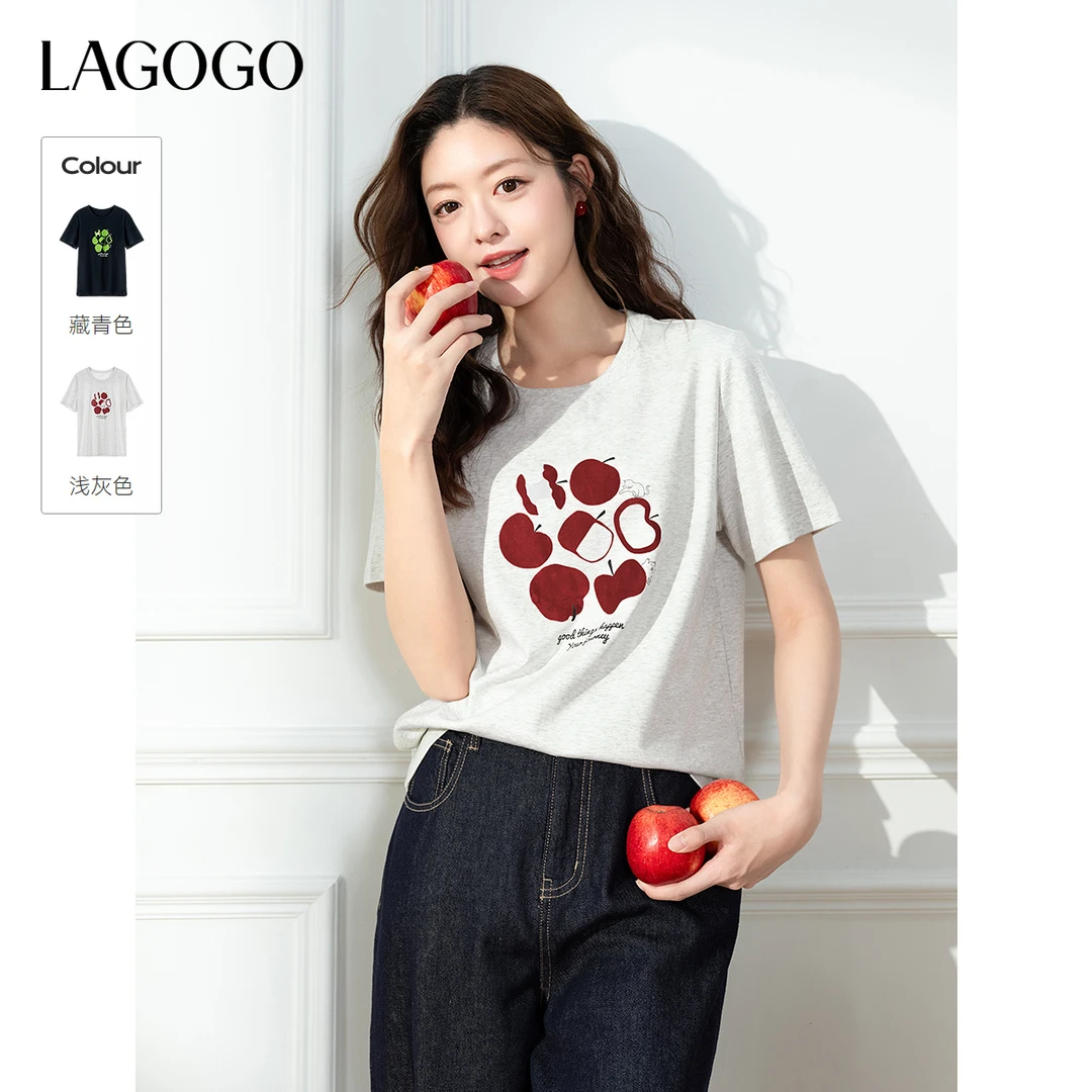 lagogo拉谷谷2025年新款苹果乐园印花新疆棉T恤女OCTT317G02
