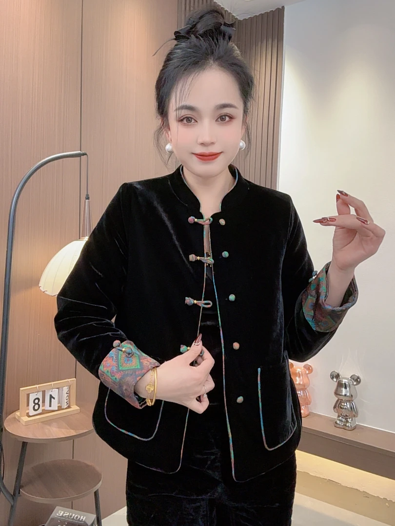 秋冬长袖常规款提花直襟厚款立领上衣新中式秋冬女装网红二棉上衣