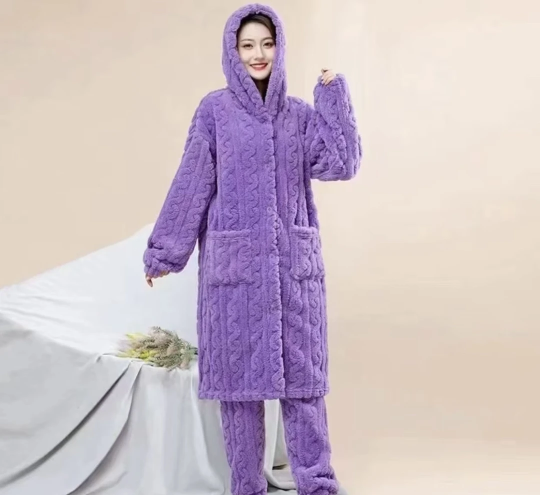女士冬季中长款加绒加厚连帽大码可外穿睡衣秋冬紫色家居服套装