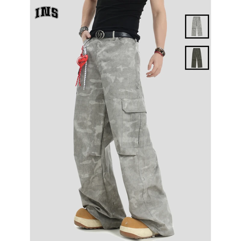 INSstudios 国潮牌情侣美式大口袋迷彩工装裤宽松阔腿休闲长裤子