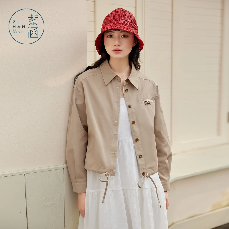 紫涵复古翻领衬衫外套女2025年春新款设计感抽绳短上衣Z5Z01AN026