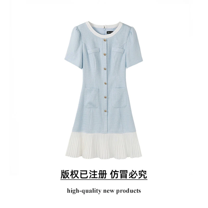 奢姿【温莎小姐】大码女装2025夏季时尚连衣裙胖妹妹百褶拼接圆领