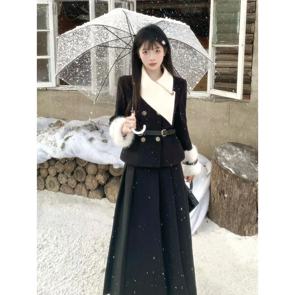 【柏林凛冬】韩系高级感收腰斜领毛呢外套+黑色百褶半身裙两件套
