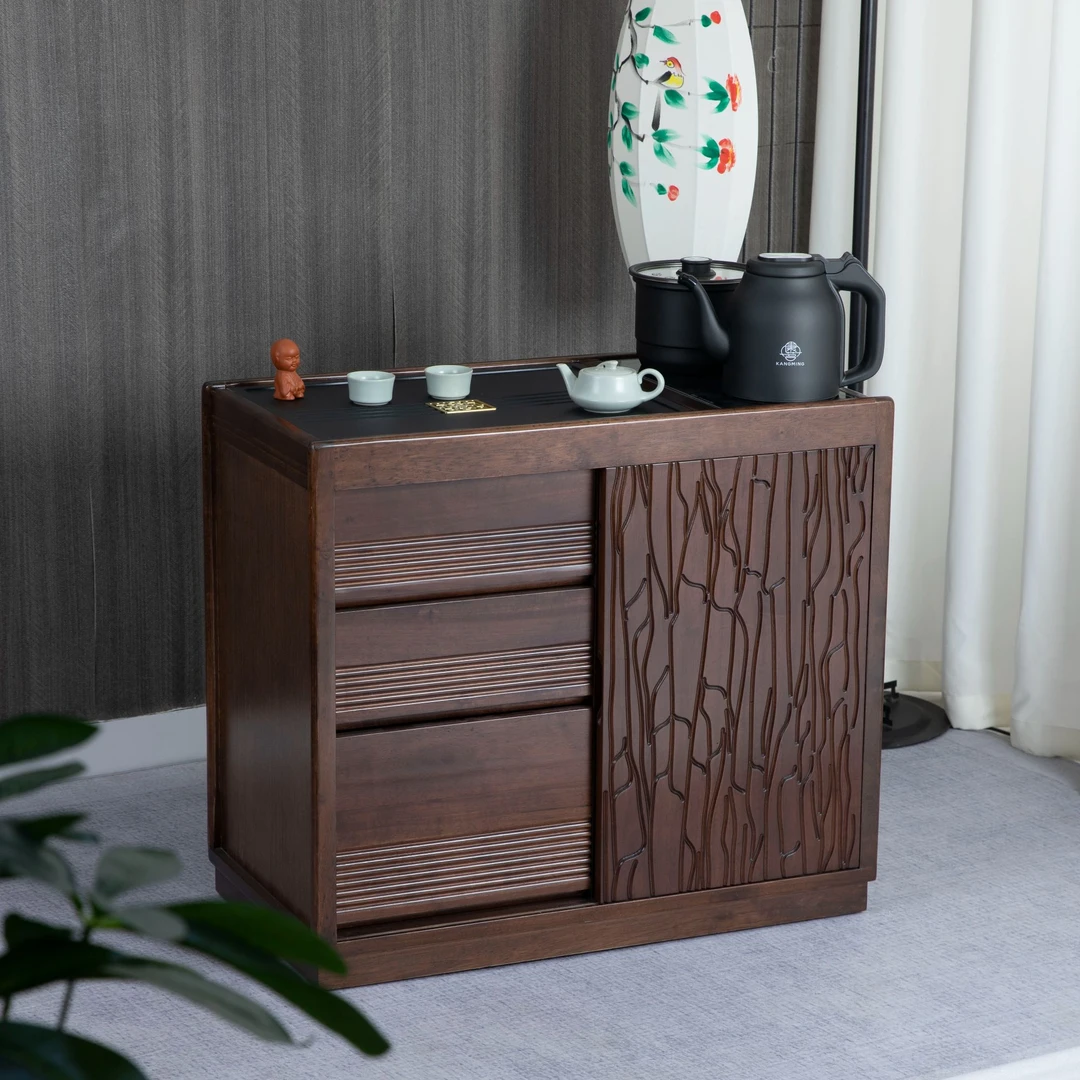 乌檀木茶水柜可移动烧水一体泡茶台实木茶桌侧边柜沙发边几储物柜