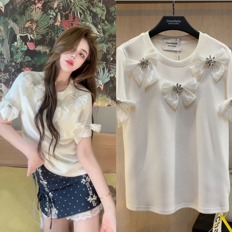 【冷月冰心】62392重工水钻蝴蝶结短袖T恤