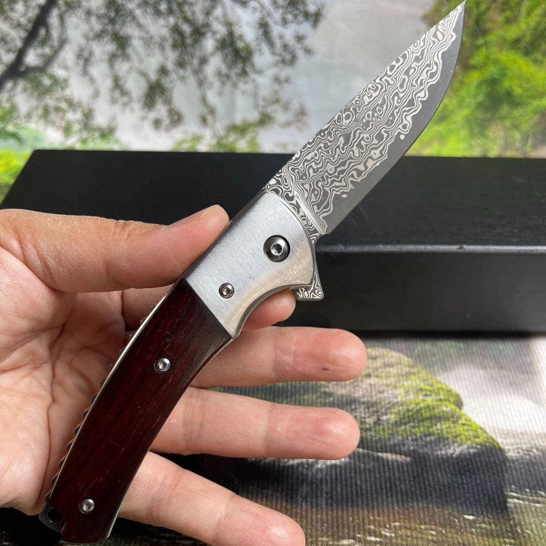 72层大马士革钢微粒黄檀折叠户外水果刀