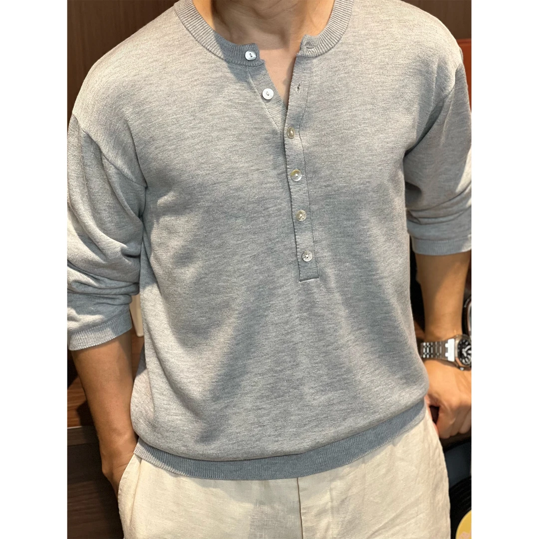 MKLR•盟珂利尔 老钱风亨利领桑蚕丝羊毛混纺套头衫男士长袖针织衫