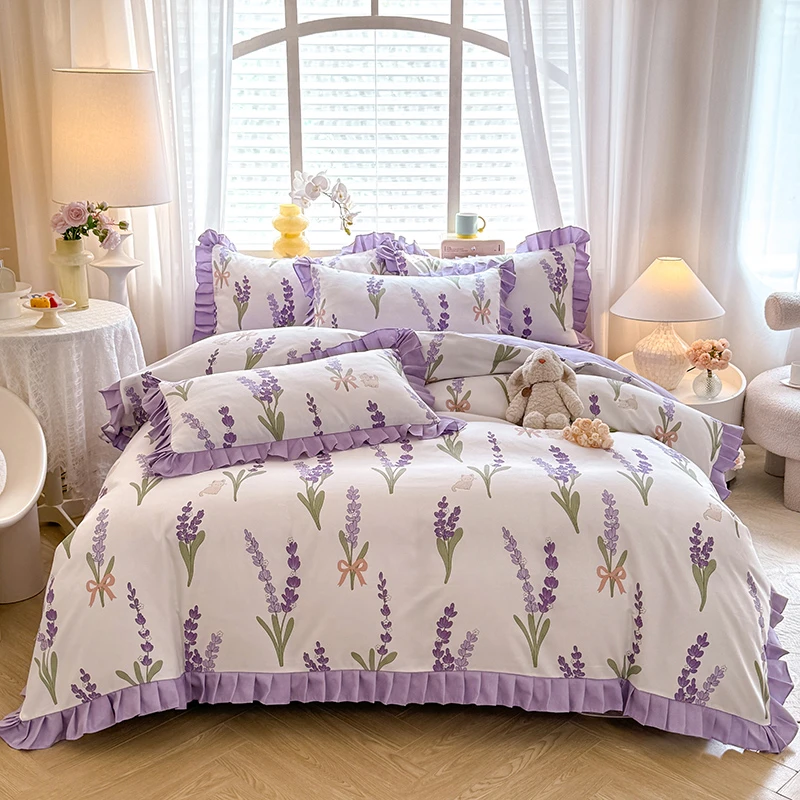 新款韩版公主风床群款四件套亲肤加厚斜纹磨毛小清新床群四件套