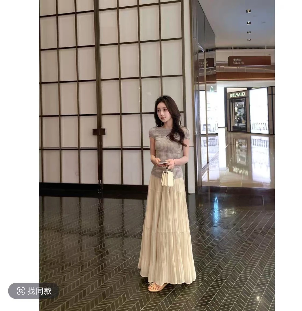 烟岚柔情日系温柔垂感压褶长款宽松仙女古早风女半身裙套装