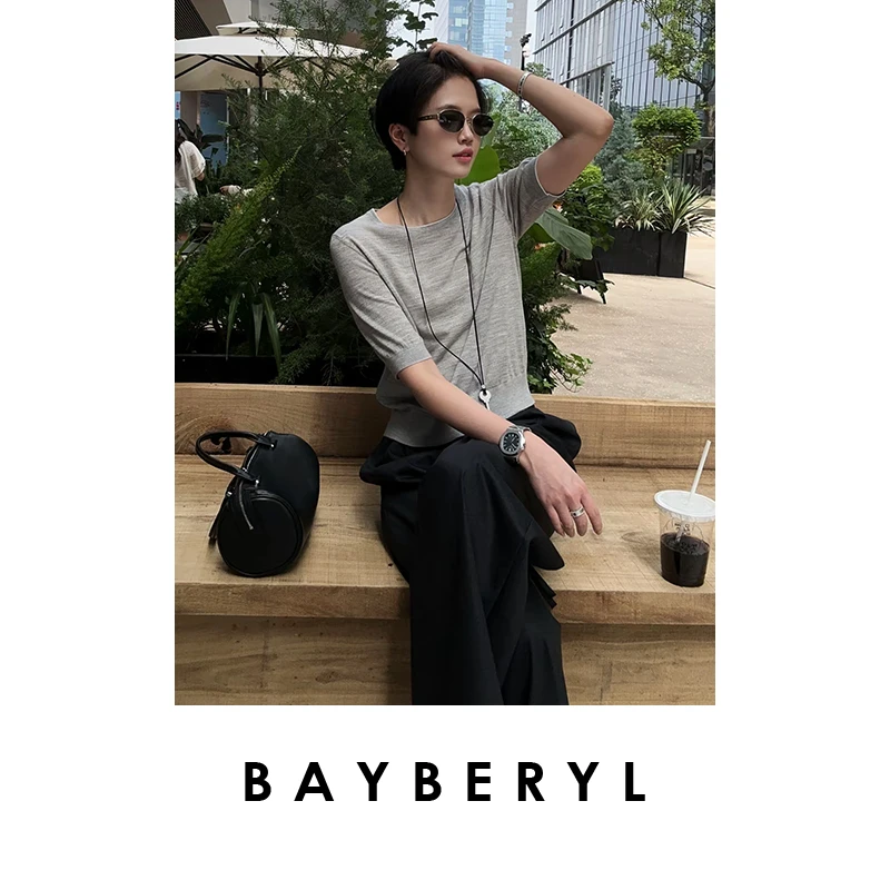 BAYBERYL老贝巴鲁法*拼色圆领细腻百搭短袖针织衫9ZZS5F1222-6/15