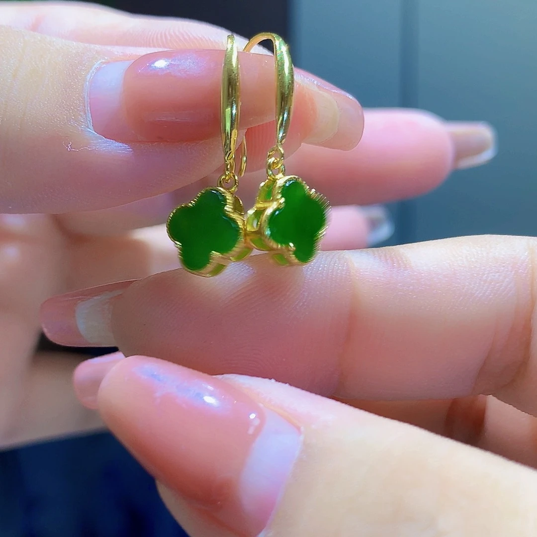 和田玉（碧玉）银S925镀金镶嵌耳饰