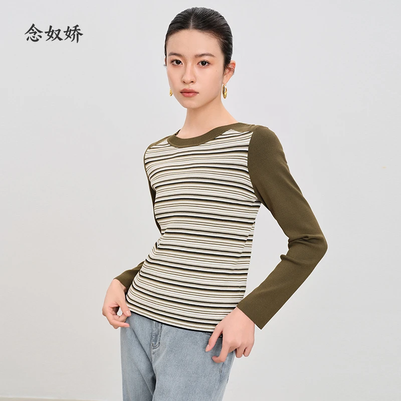 念奴娇2024商场同款秋季条纹针织衫女圆领百搭长袖T恤CNK4294