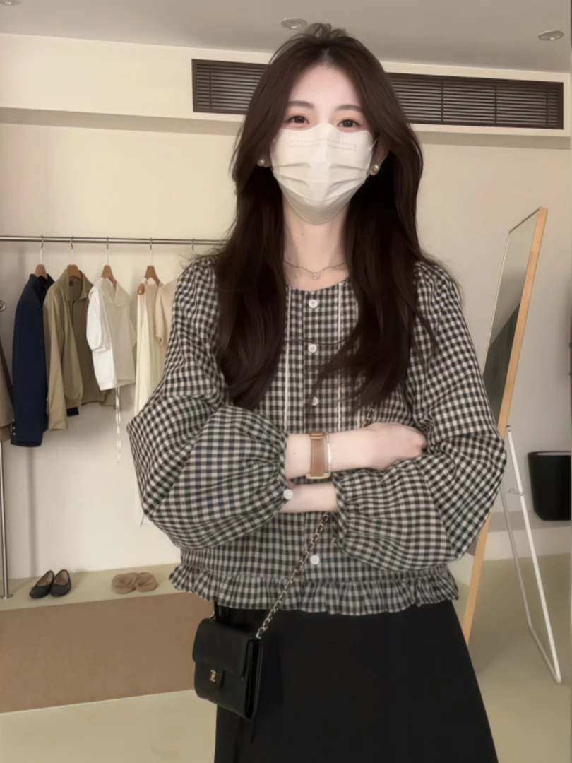 （棉）甜美木耳边格子衬衫女2025年春季新款小个子宽松独特别致上衣