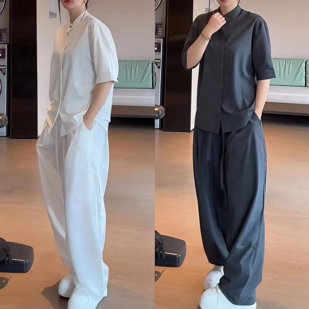 夏薄款高档冰丝凉短袖衬衫套装男潮牌时尚纯色衬衣休闲长裤两件套
