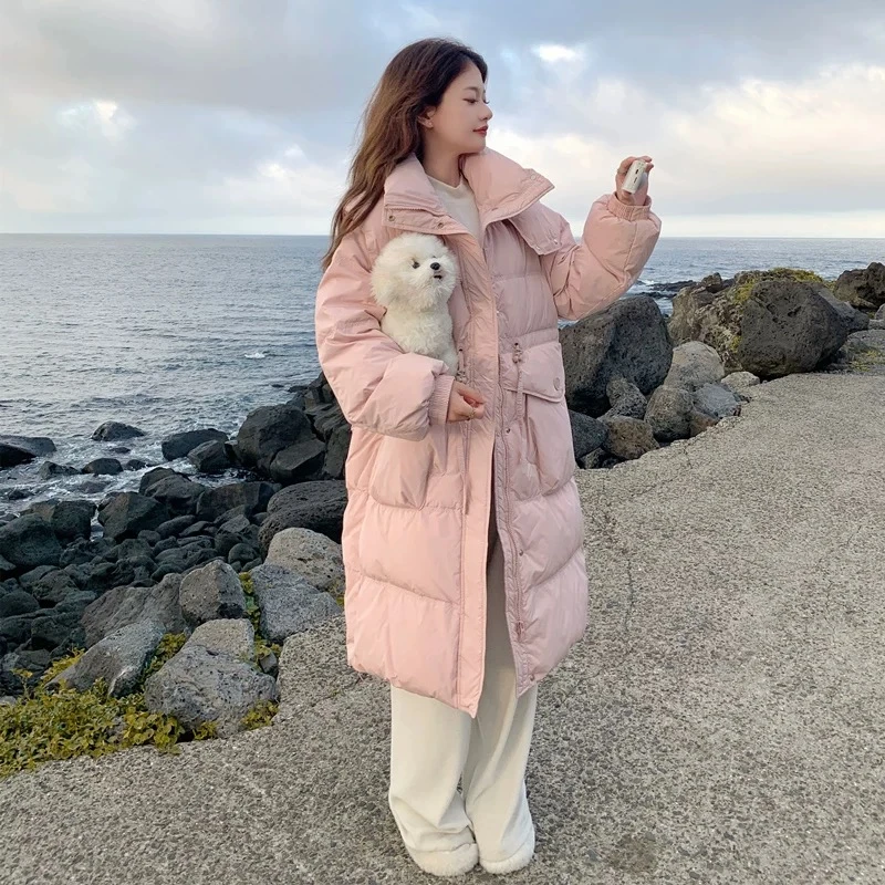 【正品】2024冬季新款中长款过膝连帽加厚收腰大口袋白鸭绒羽绒服女