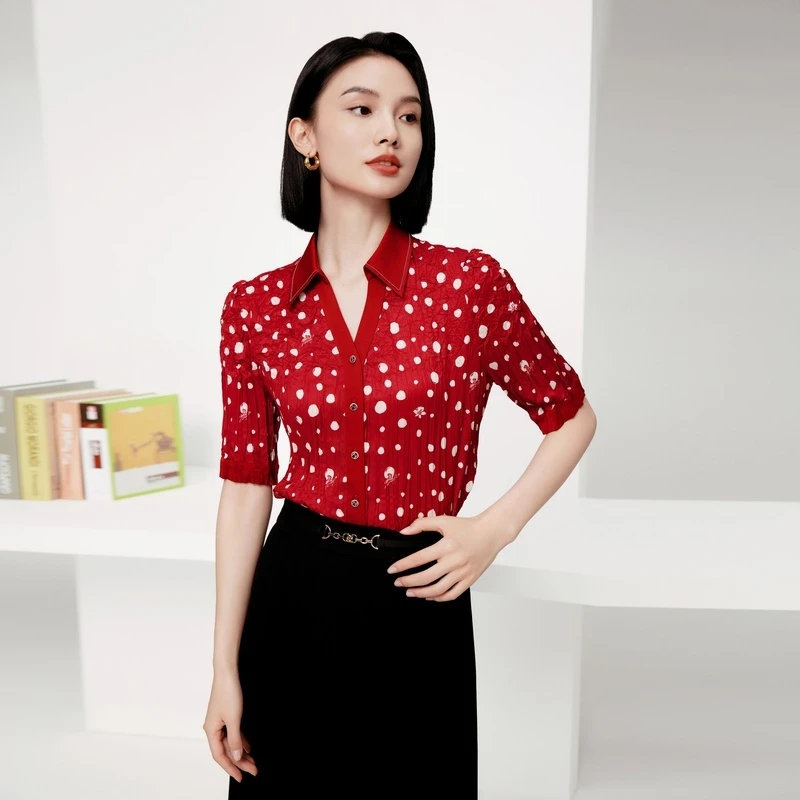 娜尔思商场同款时尚设计感艳红色波点短袖上衣夏季新款NE00911A6