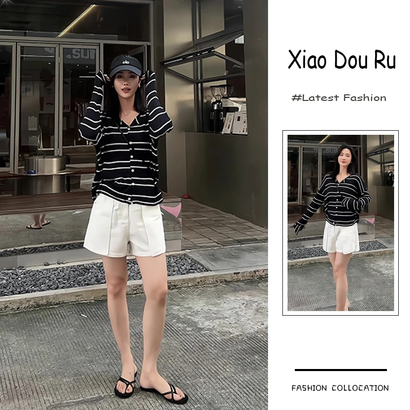 早秋季流行穿搭一套新款2025韩系时尚显瘦条纹上衣高腰短裤两件套