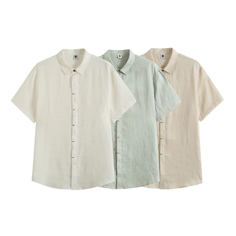 夏季薄款中国风男士纯亚麻衬衫男装中青年中式透气休闲短袖衬衣