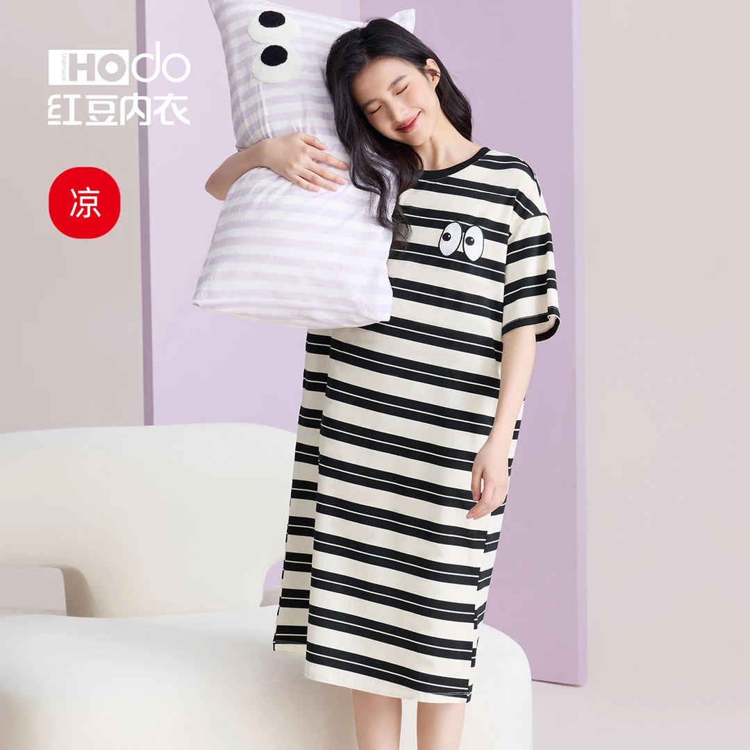 红豆睡裙女A类凉感短袖夏季条纹中长裙宽松柔棉可外穿睡衣家居服